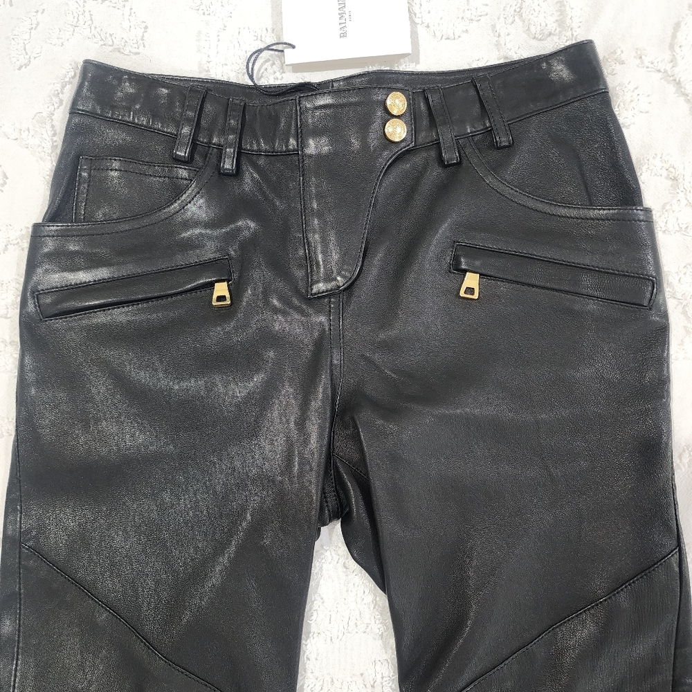Balmain Black Leather Pants with Gold Accents